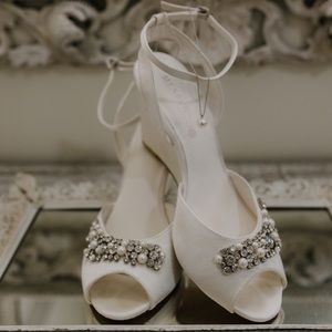 Menbur Ivory Satin Peep-toe Wedges with box and shoe bag and extra beads